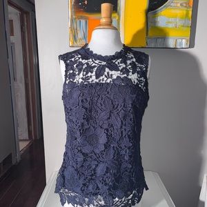 NETTED LACE BLOUSE
ROUNDNECK, RIBBON TIE/BACK,
SLEEVELESS, LINED, NAVY BLOUSE